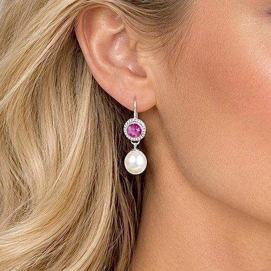 PINK SHEEN SAPPHIRE & FRESHWATER PEARL DROP STERLING EARRINGS