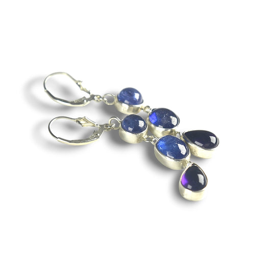 TANZANITE, SAPPHIRE & AMETHYST LINKED STERLING EARRINGS
