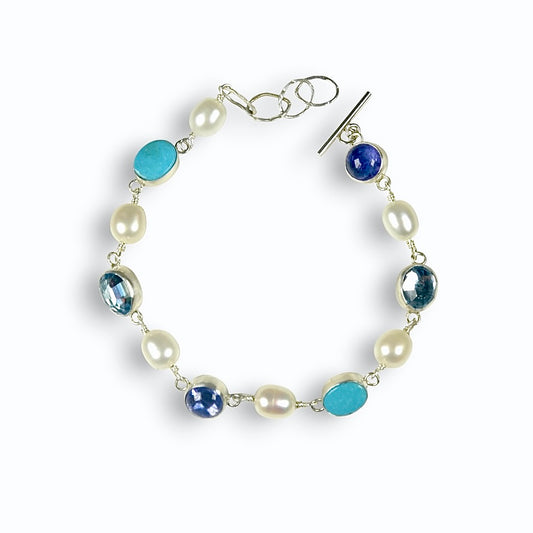 BLUE MULTI GEMSTONE & FRESHWATER PEARL BRACELET
