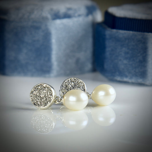BRAZILIAN DRUZY & FRESHWATER PEARL STERLING SILVER DROP EARRINGS