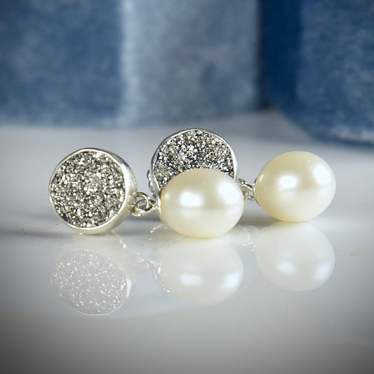 BRAZILIAN DRUZY & FRESHWATER PEARL STERLING SILVER DROP EARRINGS