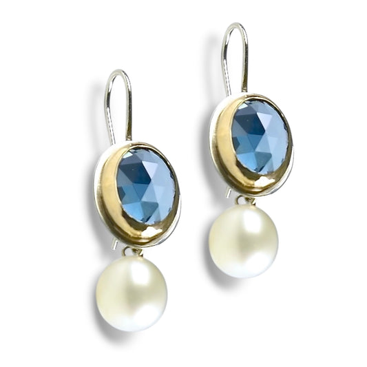 LONDON BLUE TOPAZ & FRESHWATER PEARL 14K GOLD FILL & STERLING SILVER DROP EARRINGS