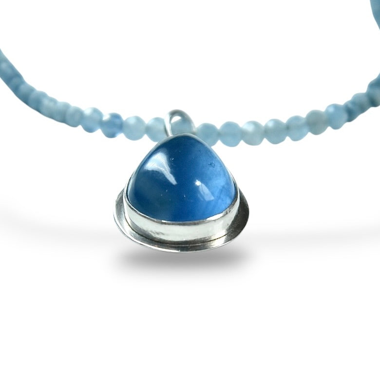 TEAL FLUORITE STERLING PENDANT ON AQUAMARINE NECKLACE