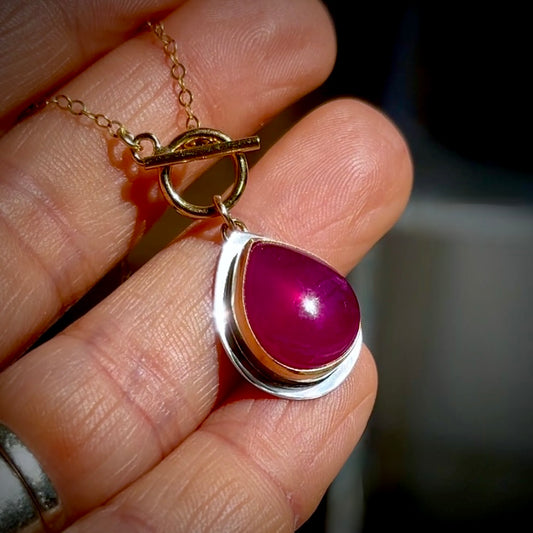 RUBY 14K GOLD FILLED & STERLING SILVER PENDANT NECKLACE ON FRONT TOGGLE