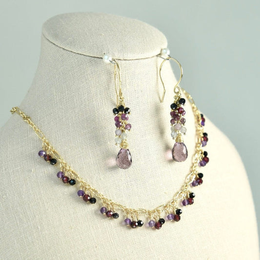 Agape Artisan Jewelry BLACK SPINEL, RUBY SAPPHIRE & GARNET DANGLE NECKLACE 14k gold filled