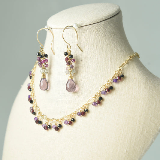 Agape Artisan Jewelry BLACK SPINEL, RUBY SAPPHIRE & GARNET DANGLE NECKLACE 14k gold filled