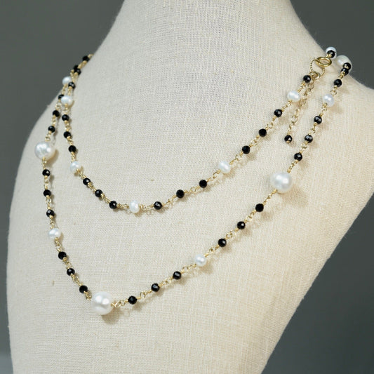 Agape Artisan Jewelry LONG PEARL & BLACK SPINEL LINKED NECKLACE 14k gold filled