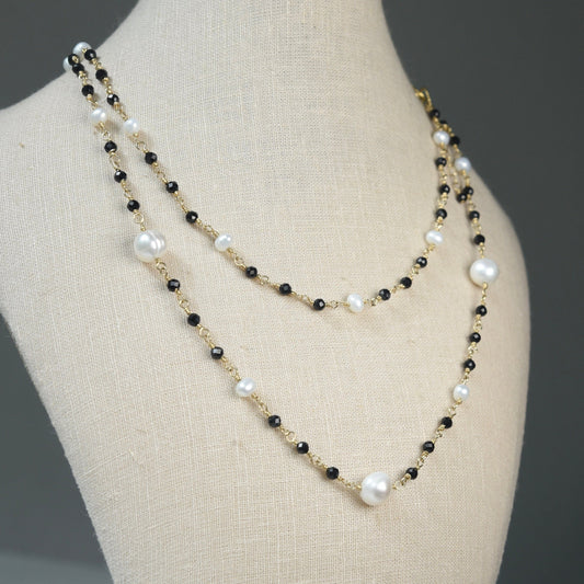 Agape Artisan Jewelry LONG PEARL & BLACK SPINEL LINKED NECKLACE 14k gold filled