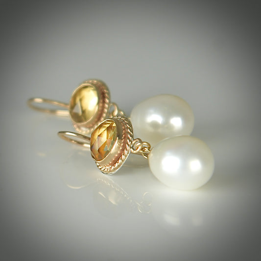 CITRINE & FRESHWATER PEARL 14K GOLD FILL EARRINGS