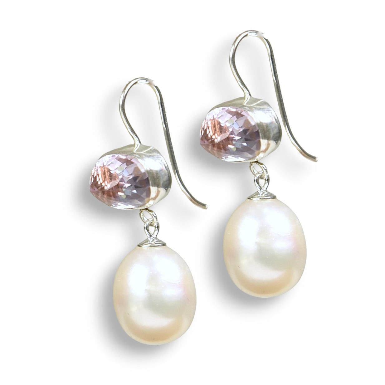 KUNZITE & FRESHWATER PEARL DROP STERLING EARRINGS