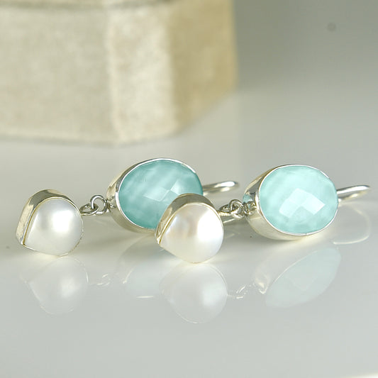 AMAZONITE DOUBLET & FRESHWATER PEARL STERLING EARRINGS