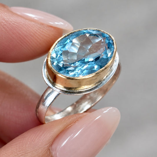 SWISS BLUE TOPAZ 14K GOLD FILL & STERLING SILVER RING