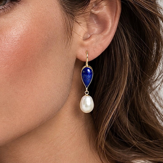 LAPIS LAZULI & FRESHWATER PEARL 14K GOLD FILL EARRINGS