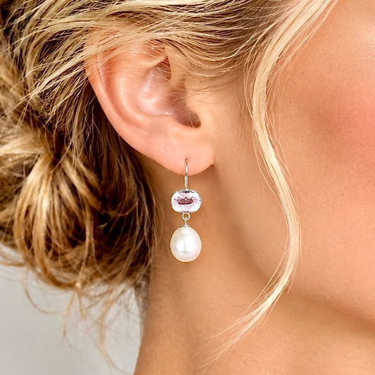 KUNZITE & FRESHWATER PEARL DROP STERLING EARRINGS