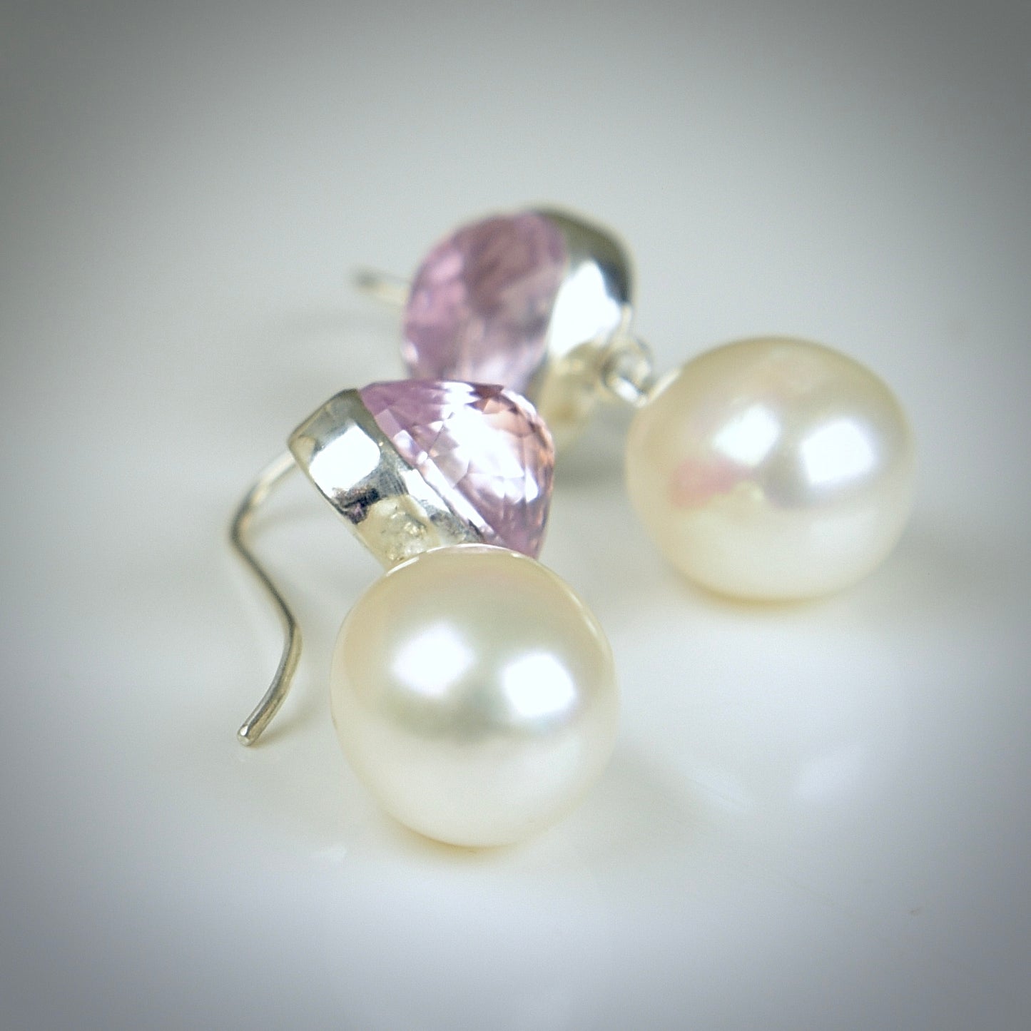 KUNZITE & FRESHWATER PEARL DROP STERLING EARRINGS