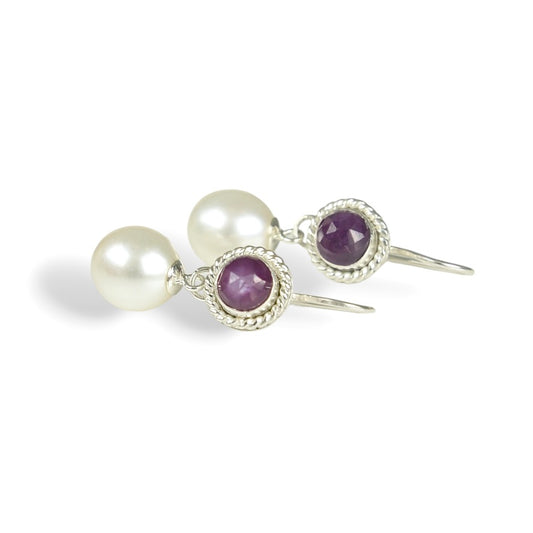 PINK SHEEN SAPPHIRE & FRESHWATER PEARL DROP STERLING EARRINGS