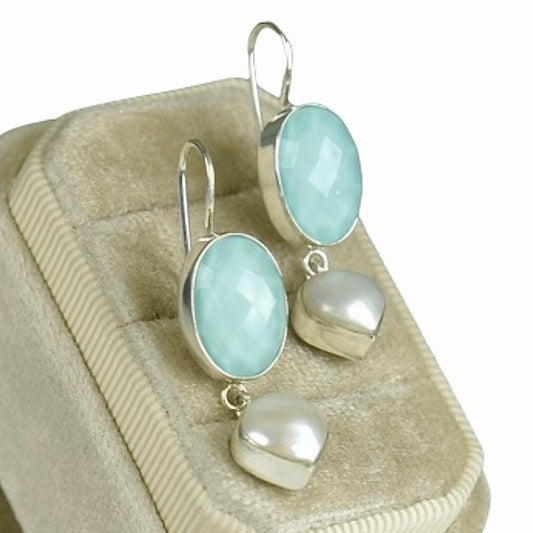 AMAZONITE DOUBLET & FRESHWATER PEARL STERLING EARRINGS