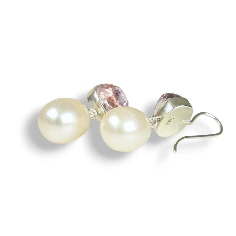 KUNZITE & FRESHWATER PEARL DROP STERLING EARRINGS