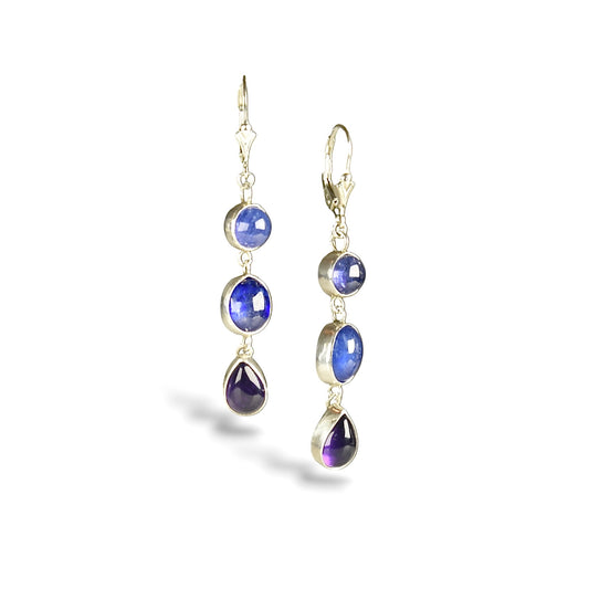 TANZANITE, SAPPHIRE & AMETHYST LINKED STERLING EARRINGS