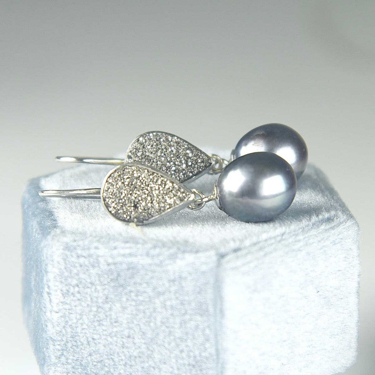 BRAZILIAN DRUZY & FRESHWATER PEARL STERLING SILVER DROP EARRINGS