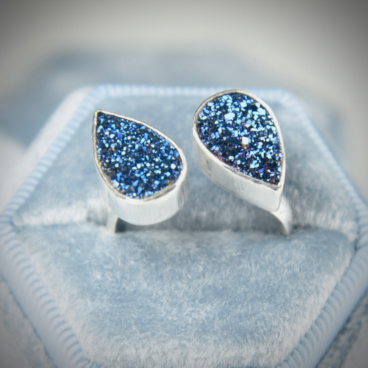 BLUE BRAZILIAN DRUZY OPEN STERLING SILVER RING