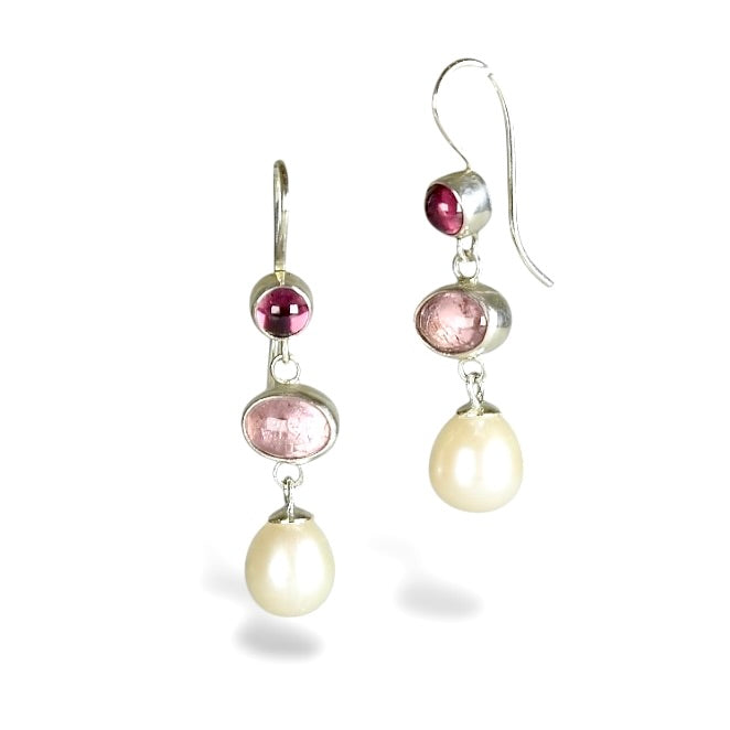 RHODOLITE GARNET, TOURMALINE & FRESHWATER PEARL DROP STERLING EARRINGS