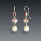 RHODOLITE GARNET, TOURMALINE & FRESHWATER PEARL DROP STERLING EARRINGS