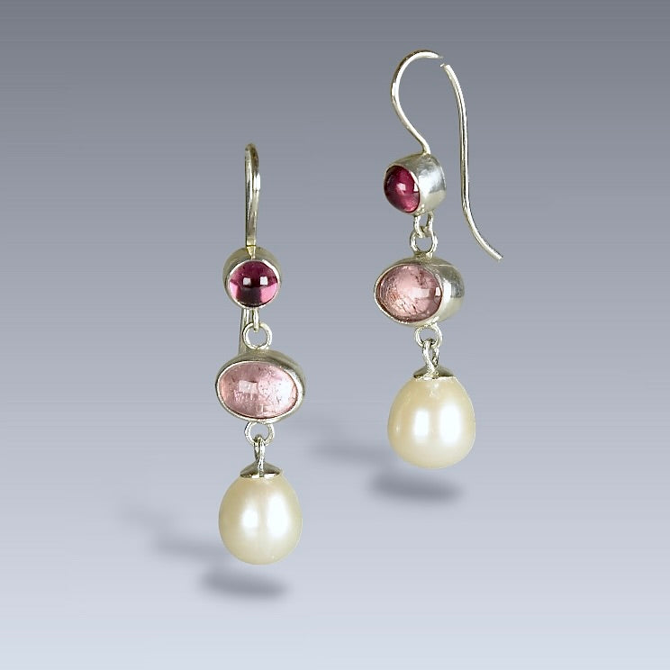 RHODOLITE GARNET, TOURMALINE & FRESHWATER PEARL DROP STERLING EARRINGS