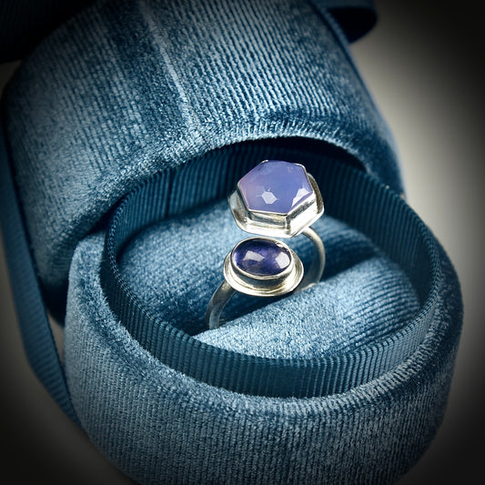 TANZANITE & LAVENDER CHALCEDONY OPEN STERLING RING