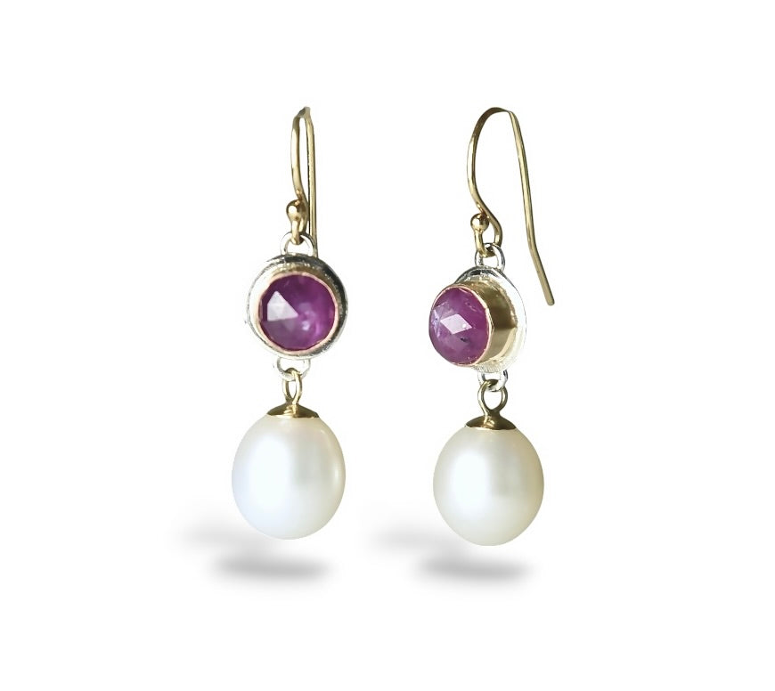 PINK SAPPHIRE & FRESHWATER PEARL 14K GOLD FILL & STERLING EARRINGS