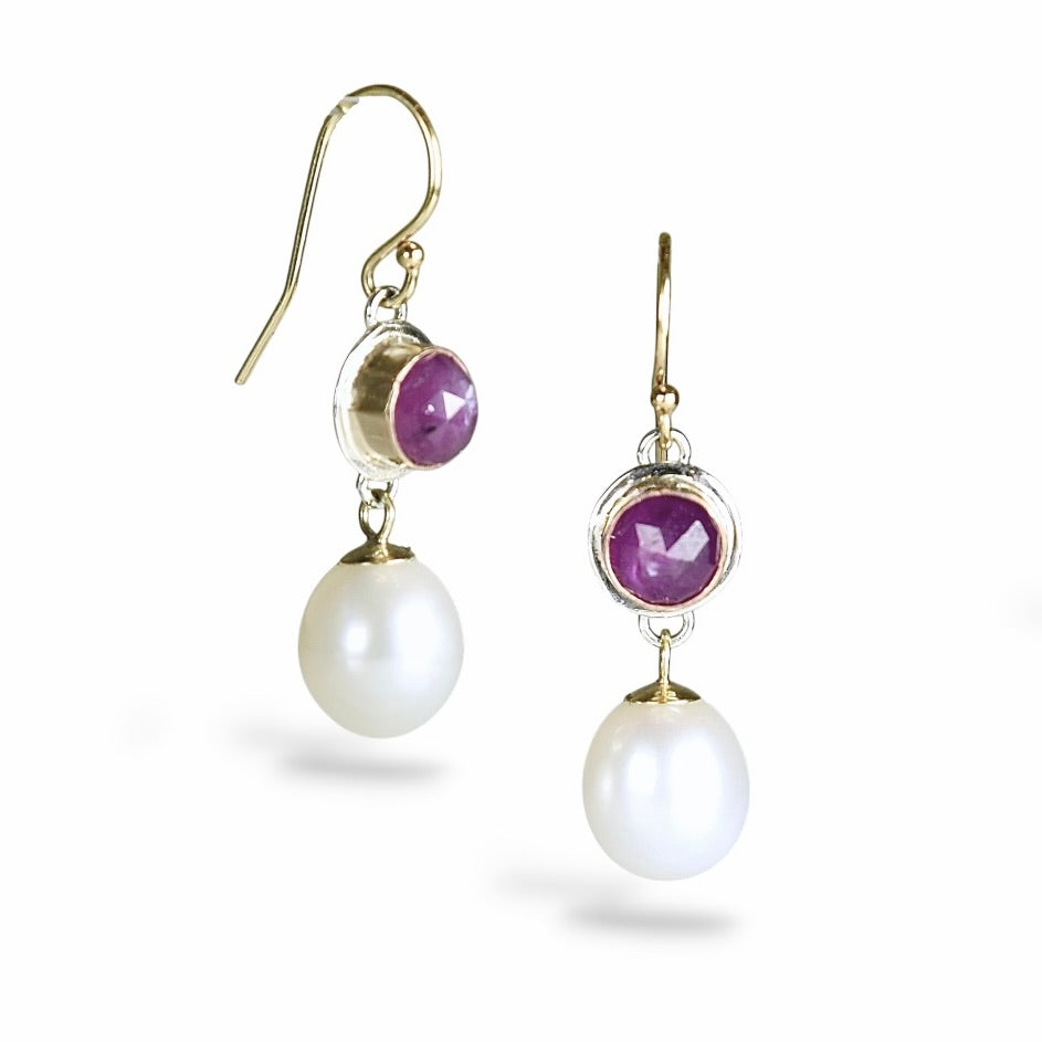 PINK SAPPHIRE & FRESHWATER PEARL 14K GOLD FILL & STERLING EARRINGS