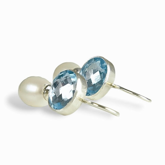 BLUE TOPAZ & FRESHWATER PEARL STERLING SILVER DROP EARRINGS