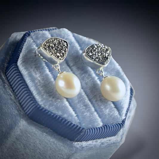 BRAZILIAN DRUZY & FRESHWATER PEARL STERLING SILVER DROP EARRINGS