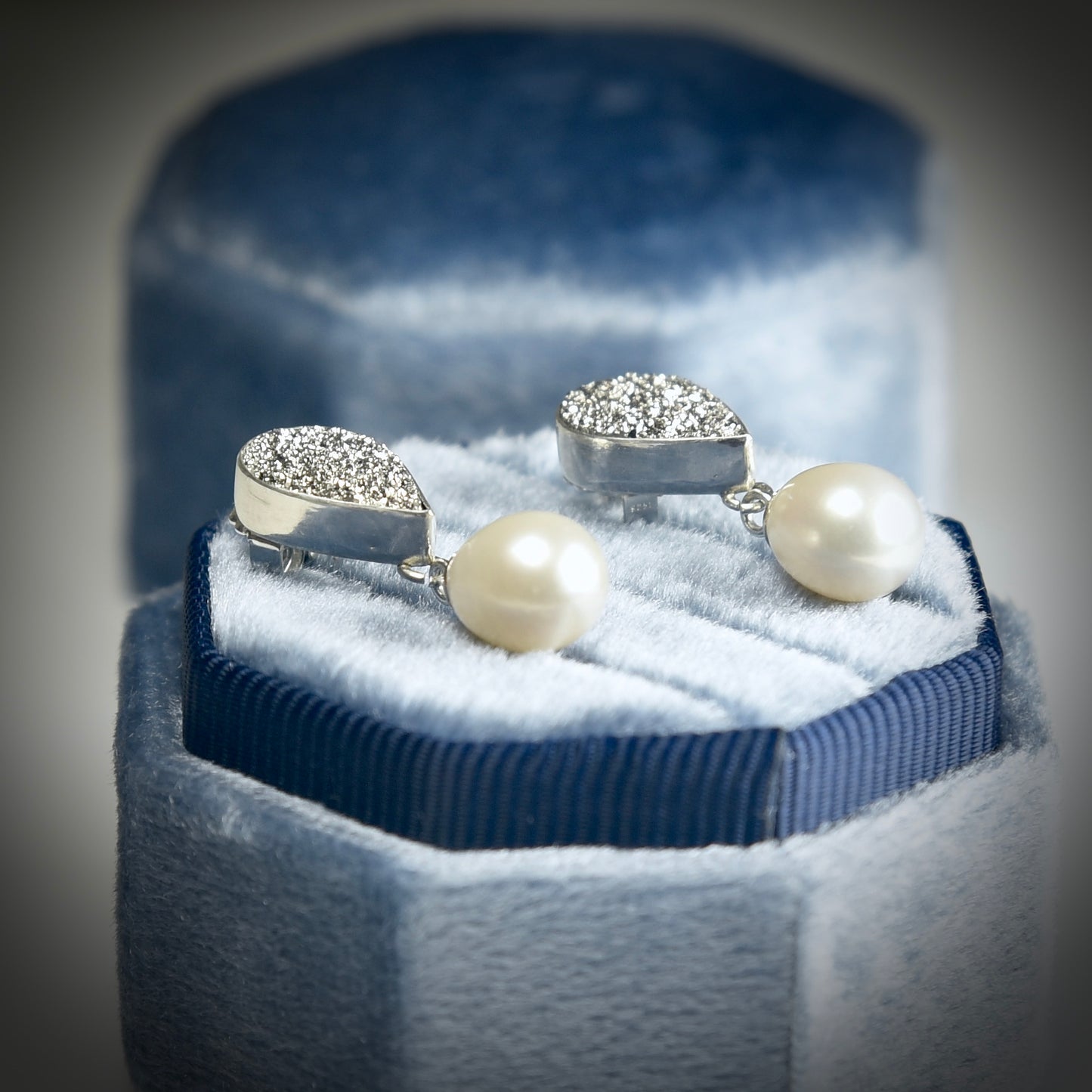 BRAZILIAN DRUZY & FRESHWATER PEARL STERLING SILVER DROP EARRINGS