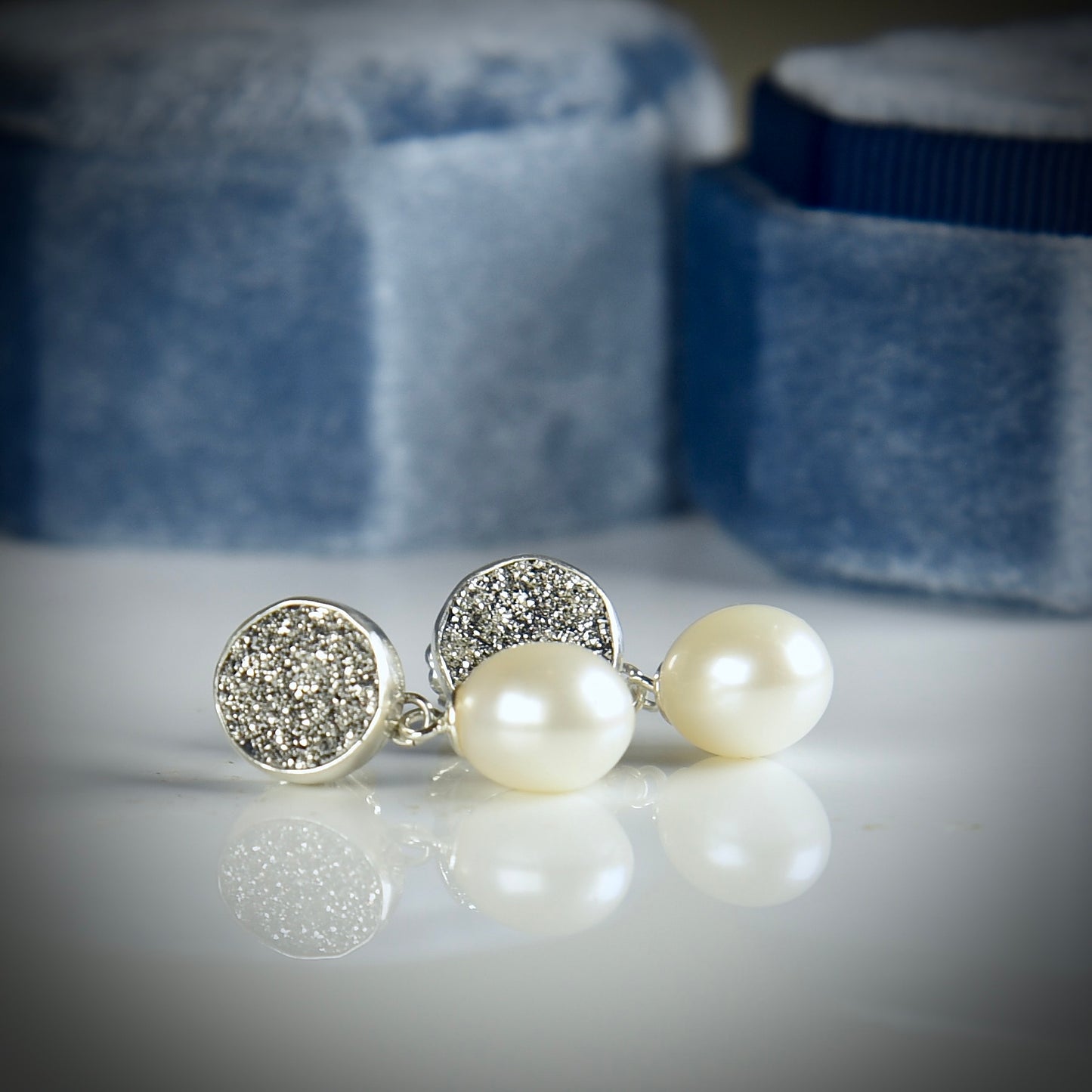 BRAZILIAN DRUZY & FRESHWATER PEARL STERLING SILVER DROP EARRINGS