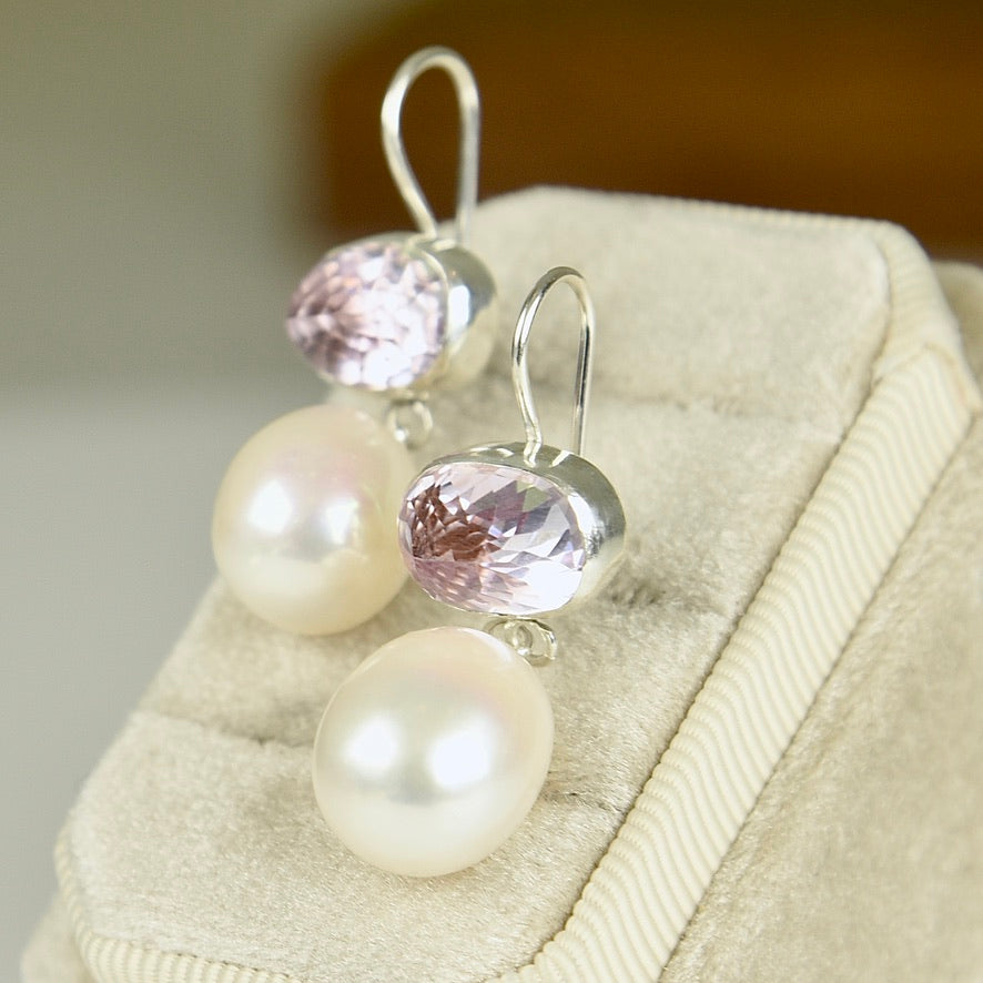 KUNZITE & FRESHWATER PEARL DROP STERLING EARRINGS