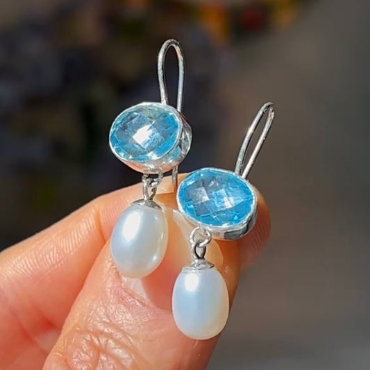 BLUE TOPAZ & FRESHWATER PEARL STERLING SILVER DROP EARRINGS