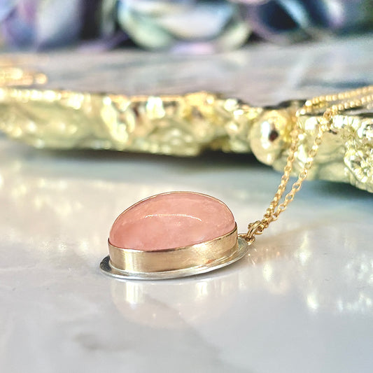 OVAL PEACHY PINK MORGANITE 14K GOLD FILL & STERLING PENDANT NECKLACE