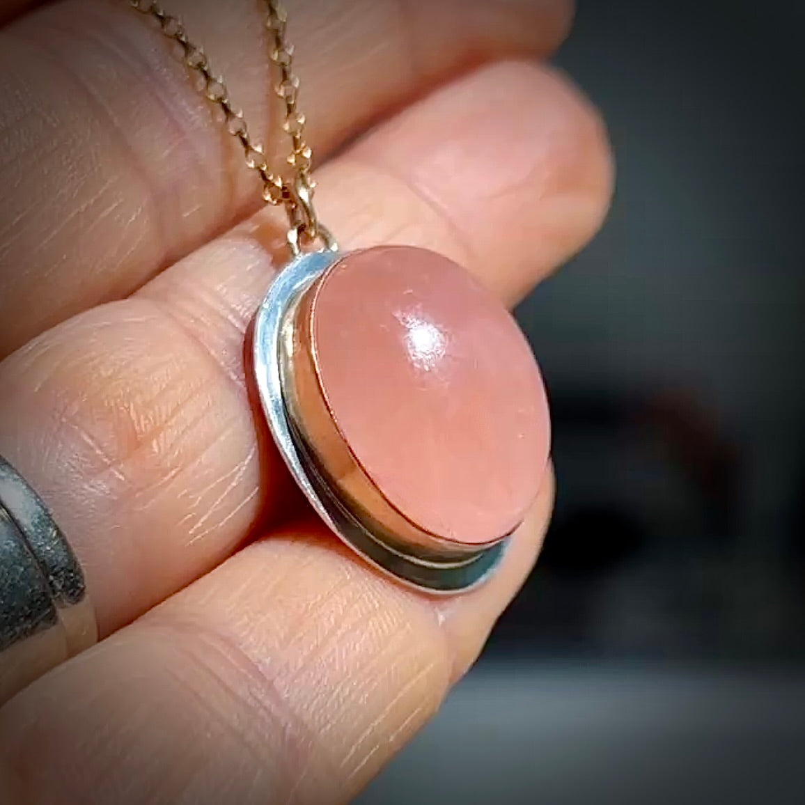 OVAL PEACHY PINK MORGANITE 14K GOLD FILL & STERLING PENDANT NECKLACE