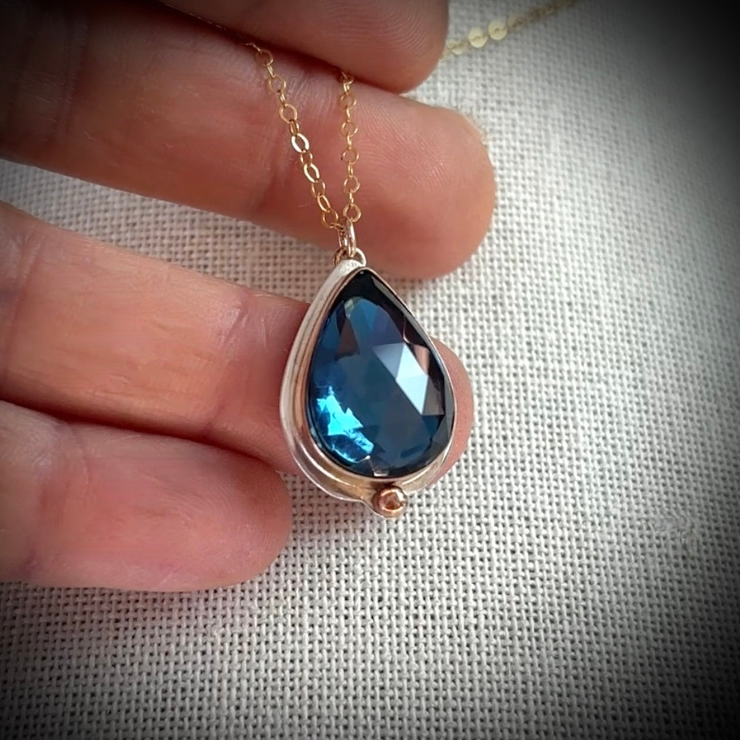 TEARDROP LONDON BLUE TOPAZ 14K GOLD FILL & STERLING PENDANT NECKLACE