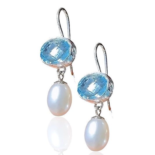 SWISS BLUE TOPAZ & FRESHWATER PEARL STERLING SILVER DROP EARRINGS