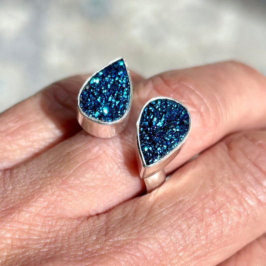 BLUE BRAZILIAN DRUZY OPEN STERLING SILVER RING