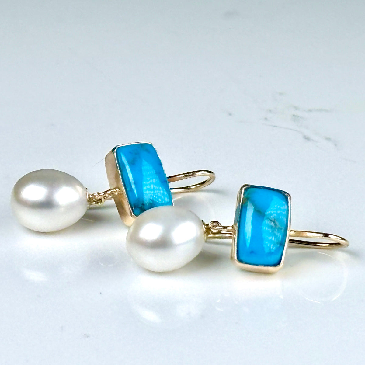 SLEEPING BEAUTY TURQUOISE & FRESHWATER PEARL 14K GOLD FILL & STERLING SILVER EARRINGS