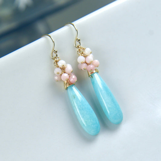 Agape Artisan Jewelry AMAZONITE & PINK OPAL CLUSTER EARRINGS 14k gold filled