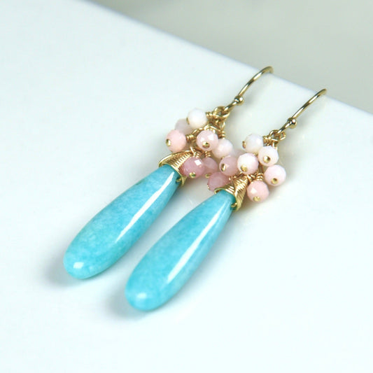 Agape Artisan Jewelry AMAZONITE & PINK OPAL CLUSTER EARRINGS 14k gold filled