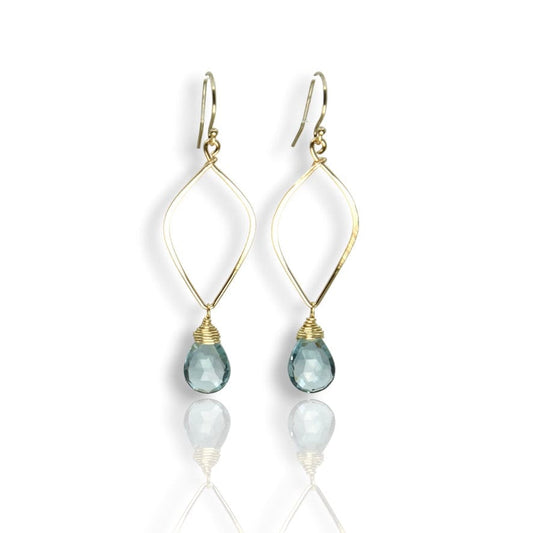 Agape Artisan Jewelry drop earrings AQUA BLUE QUARTZ LEAF HOOP DROP EARRINGS 14k gold filled