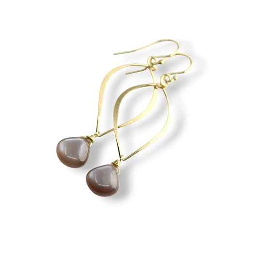 Agape Artisan Jewelry drop earrings COFFEE MOONSTONE LEAF HOOP DROP EARRINGS 14k gold filled