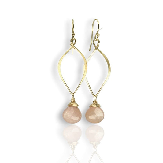 Agape Artisan Jewelry drop earrings PEACH MOONSTONE LEAF HOOP DROP EARRINGS 14k gold filled