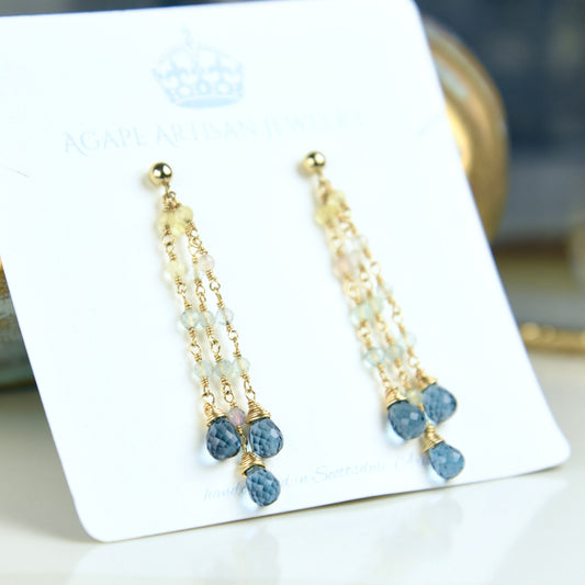 Agape Artisan Jewelry LONDON BLUE & FLUORITE TASSEL EARRINGS 14k gold filled