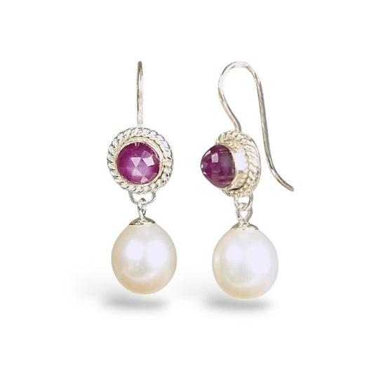 PINK SHEEN SAPPHIRE & FRESHWATER PEARL DROP STERLING EARRINGS